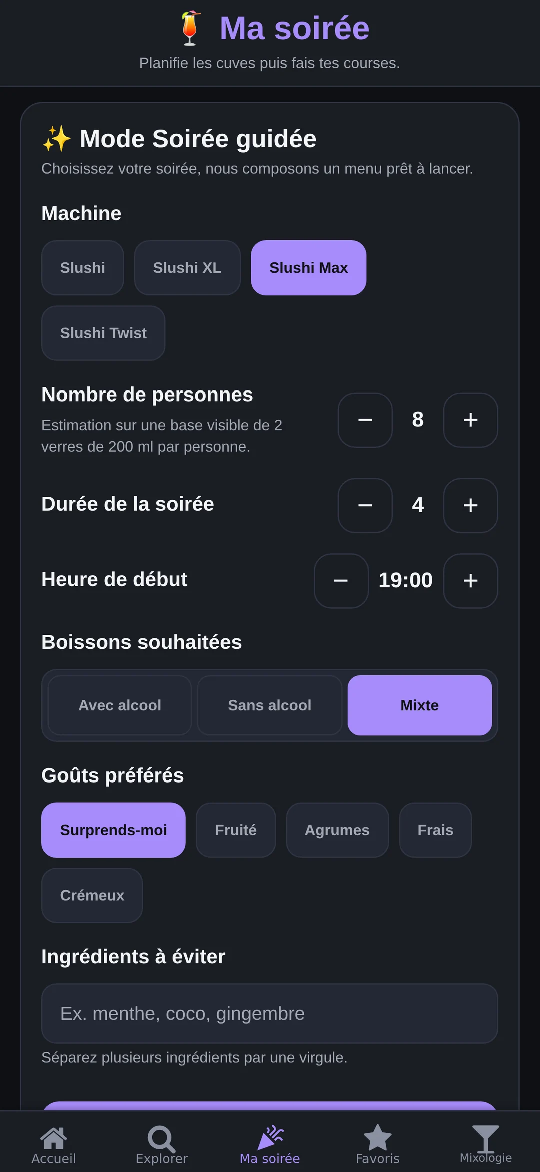 Écran réel de préparation d’une soirée guidée dans l’application Slushi Party